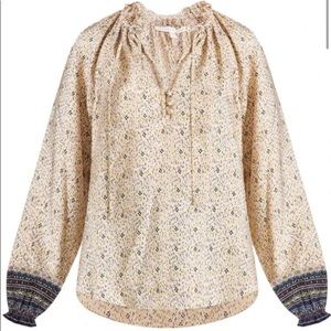 Veronica Beard Antonette Silk Abstract Geo Print Long Sleeve Ruffle Top Blouse